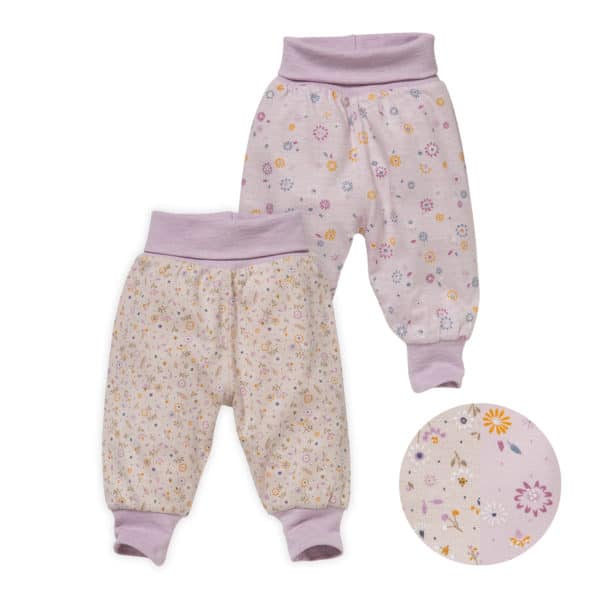 Pololo People Wear Organic Kinder Wendehose, beige-blass violett bedruckt, aus Bio-Baumwolle