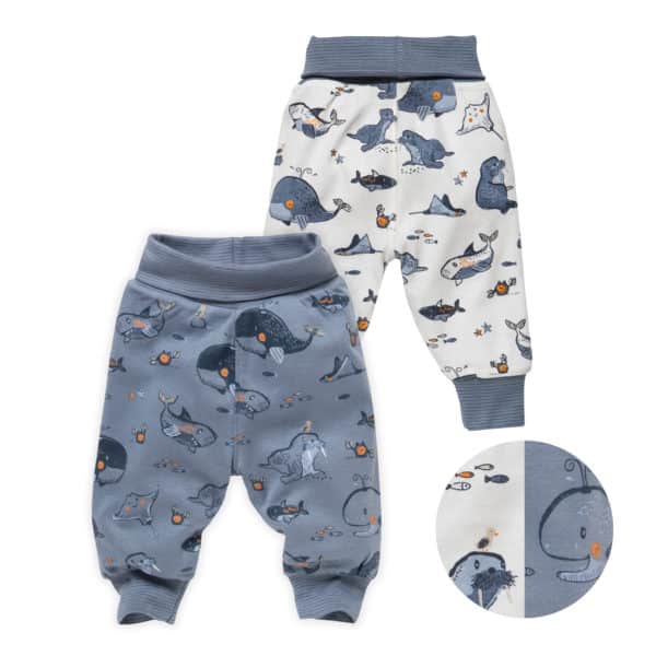 Pololo People Wear Organic Wendehose ozeanblau und weiß mit Tieren aus dem Meer , aus Bio-Baumwolle