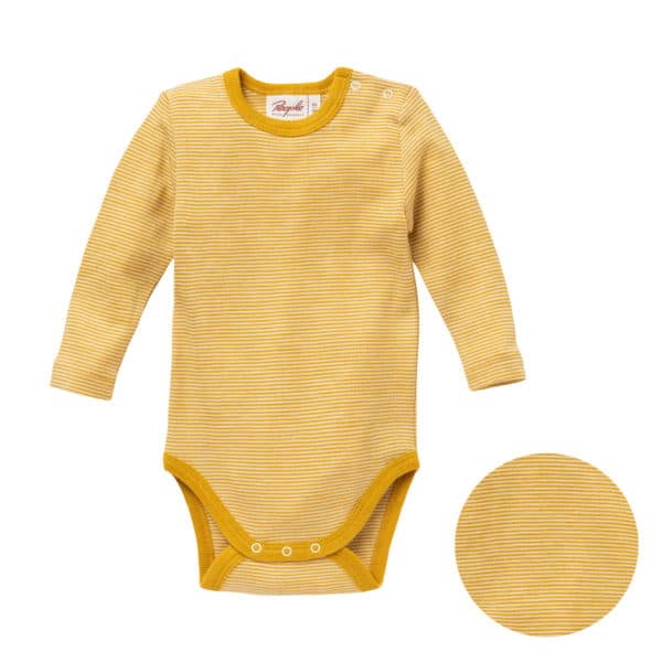 Pololo People Wear Organic Wolle-Seide-Body, senfgelb geringelt