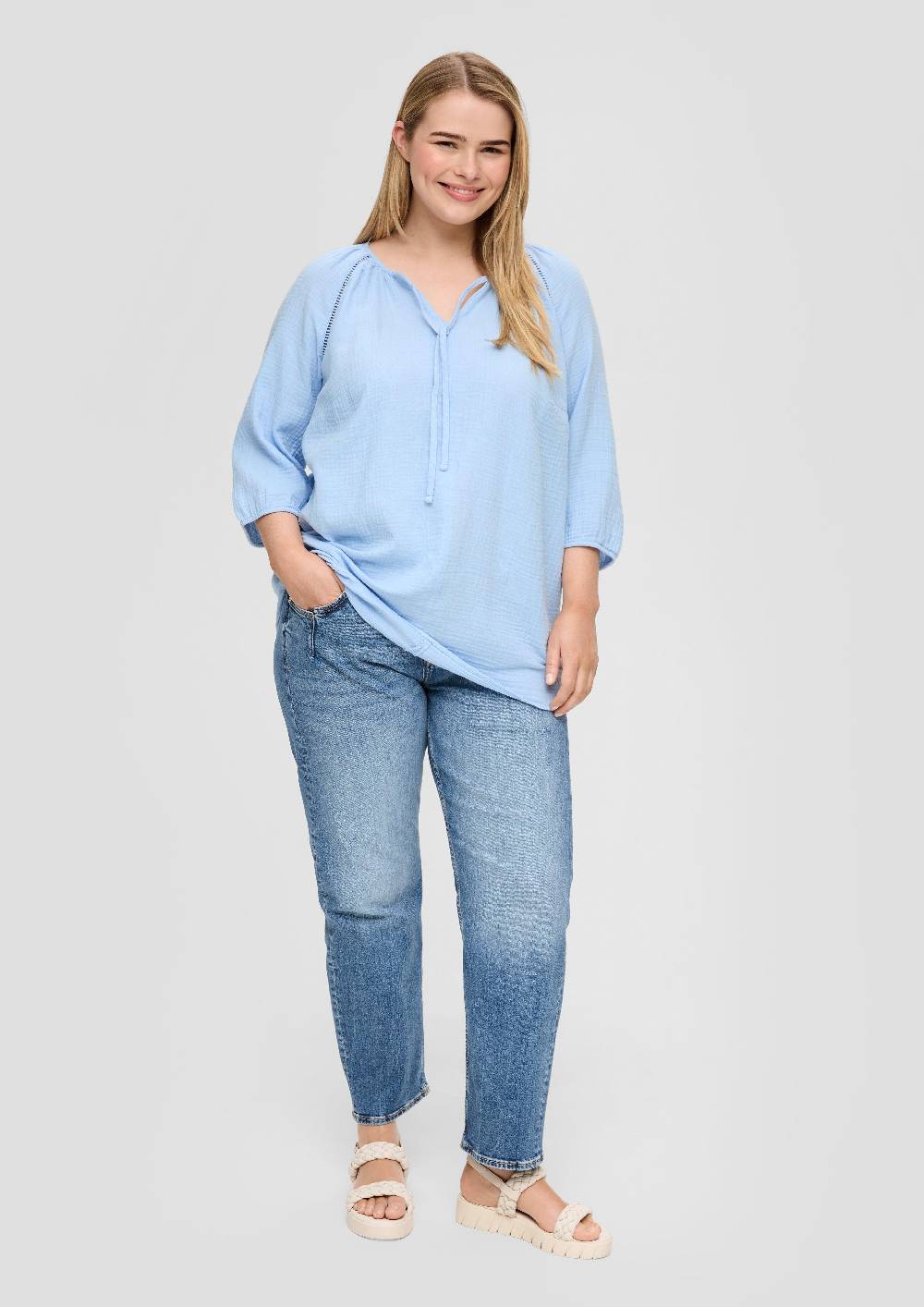 S.Oliver Baumwoll-Bluse Mit Raffung Und Rundhals-Ausschnitt