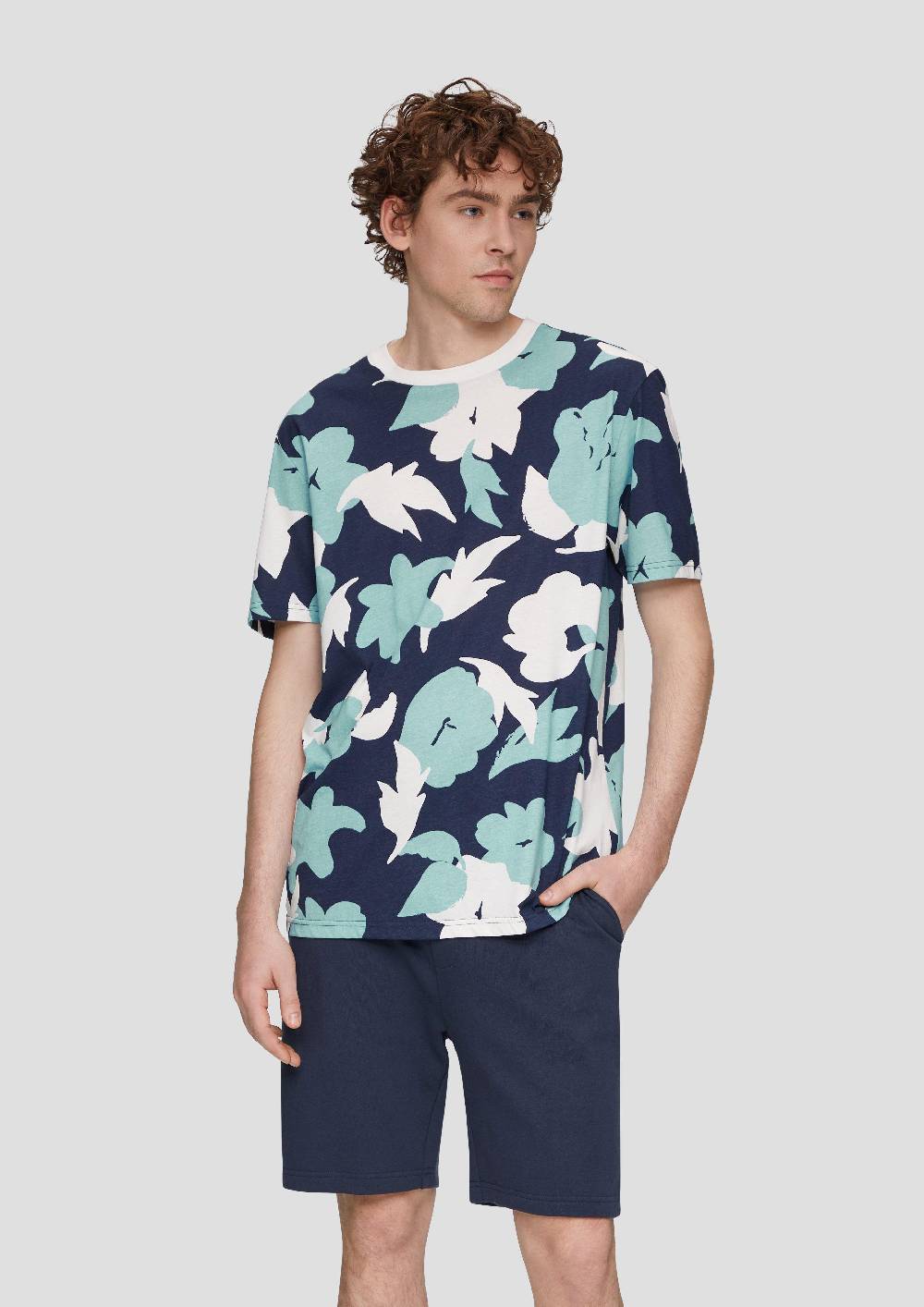 S.Oliver Baumwoll-T-Shirt Mit All-over-Print Und Rippblende