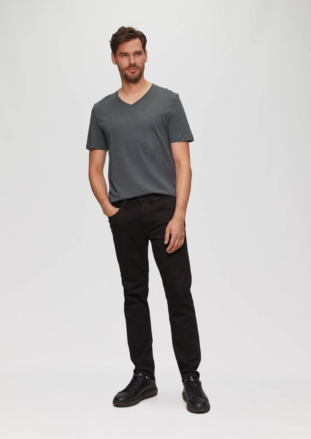 S.Oliver Baumwollshirt Mit V-Ausschnitt Und Flammgarnstruktur