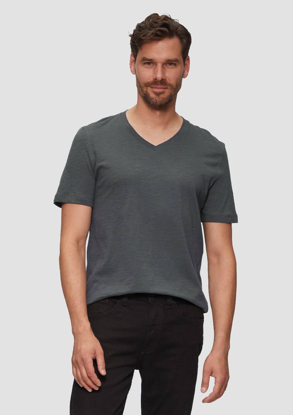 S.Oliver Baumwollshirt Mit V-Ausschnitt Und Flammgarnstruktur