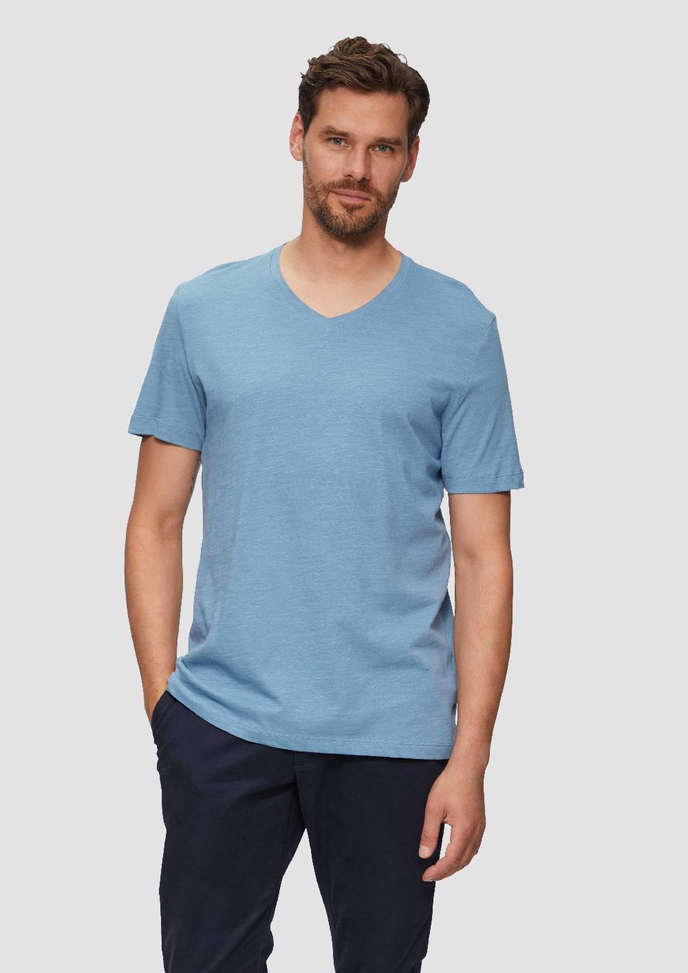 S.Oliver Baumwollshirt Mit V-Ausschnitt Und Flammgarnstruktur