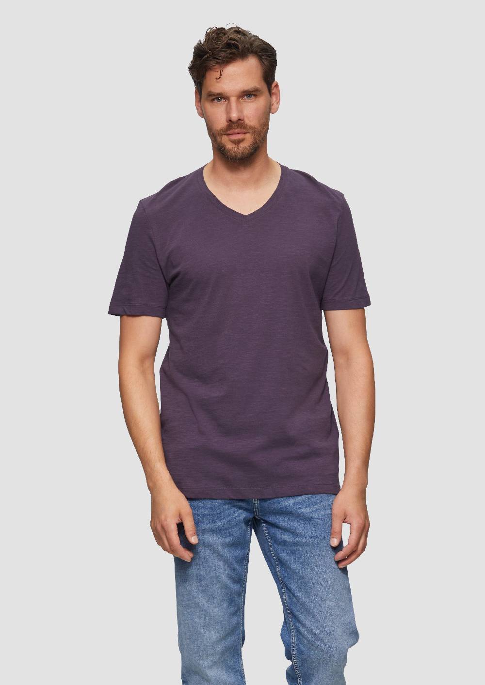 S.Oliver Baumwollshirt Mit V-Ausschnitt Und Flammgarnstruktur