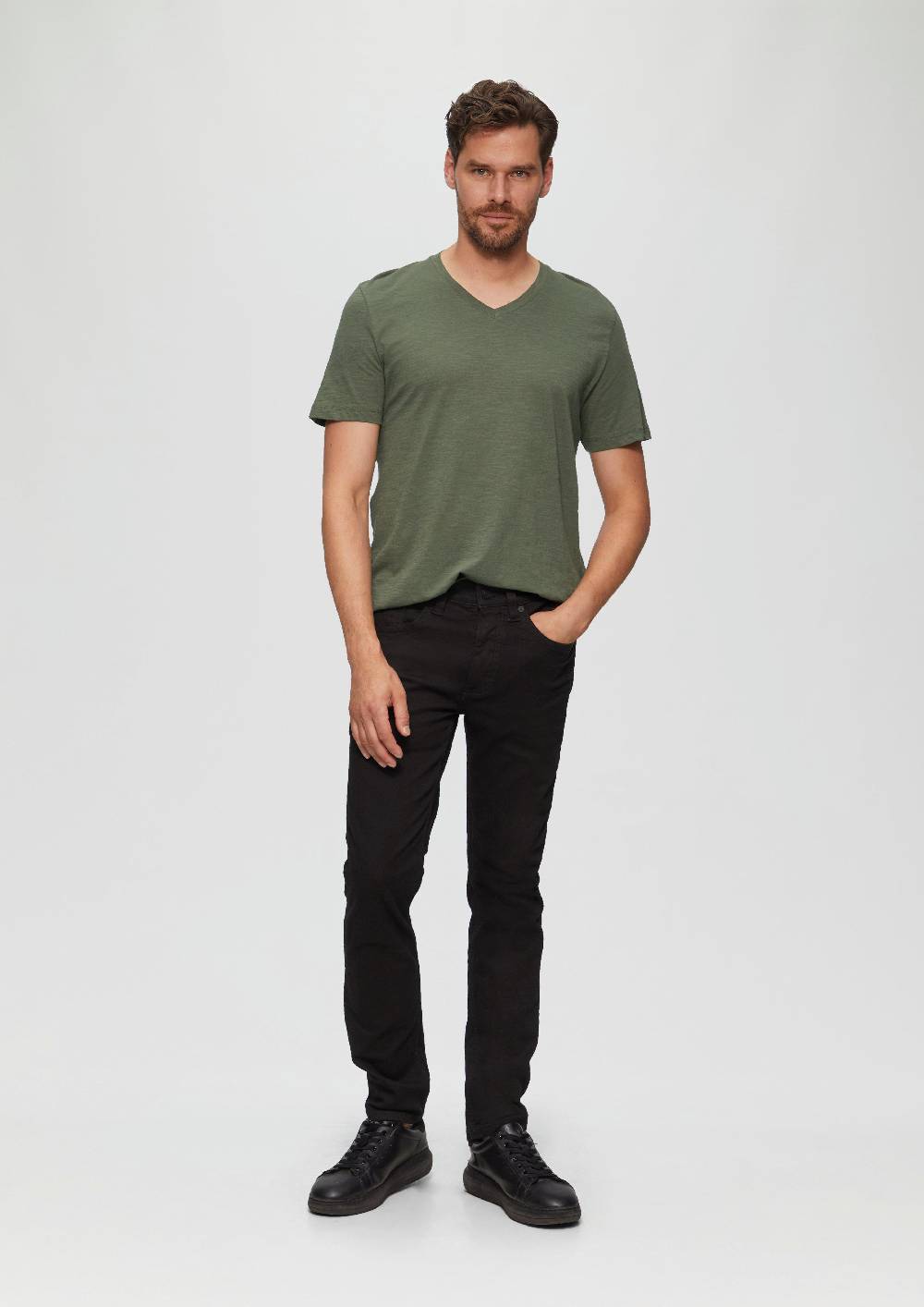 S.Oliver Baumwollshirt Mit V-Ausschnitt Und Flammgarnstruktur