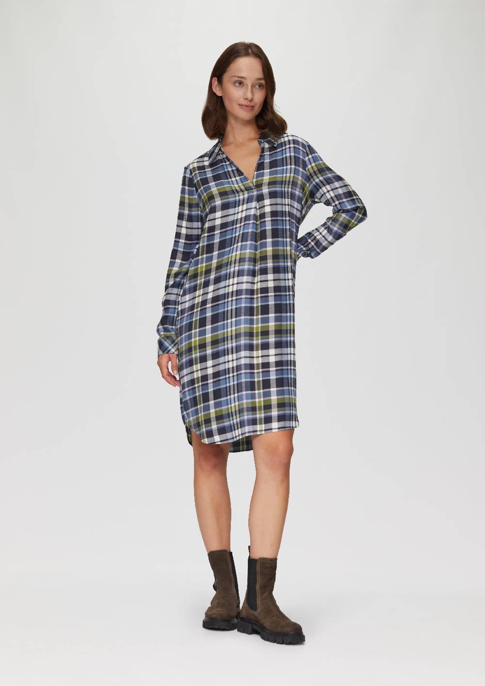 S.Oliver Kariertes Kleid Aus Viskosemix Mit Krempel-Detail