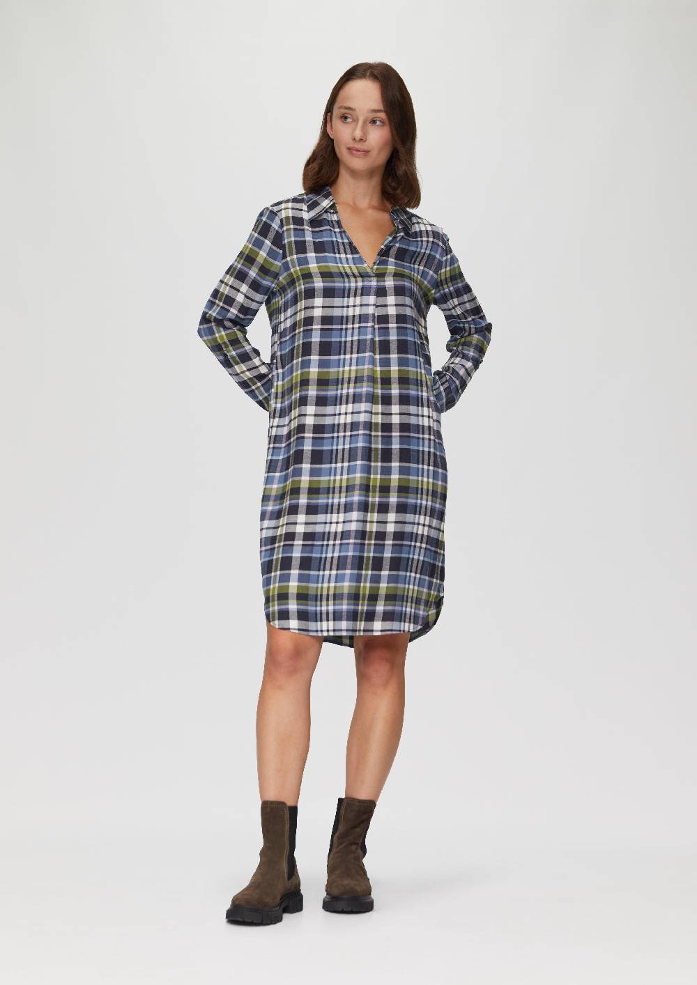 S.Oliver Kariertes Kleid Aus Viskosemix Mit Krempel-Detail