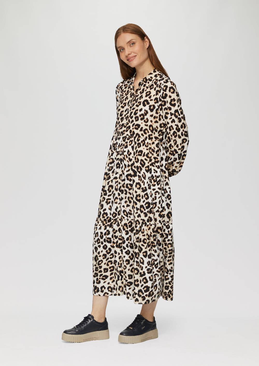 S.Oliver Langes Viskosekleid Mit Leo-Muster Und Volants