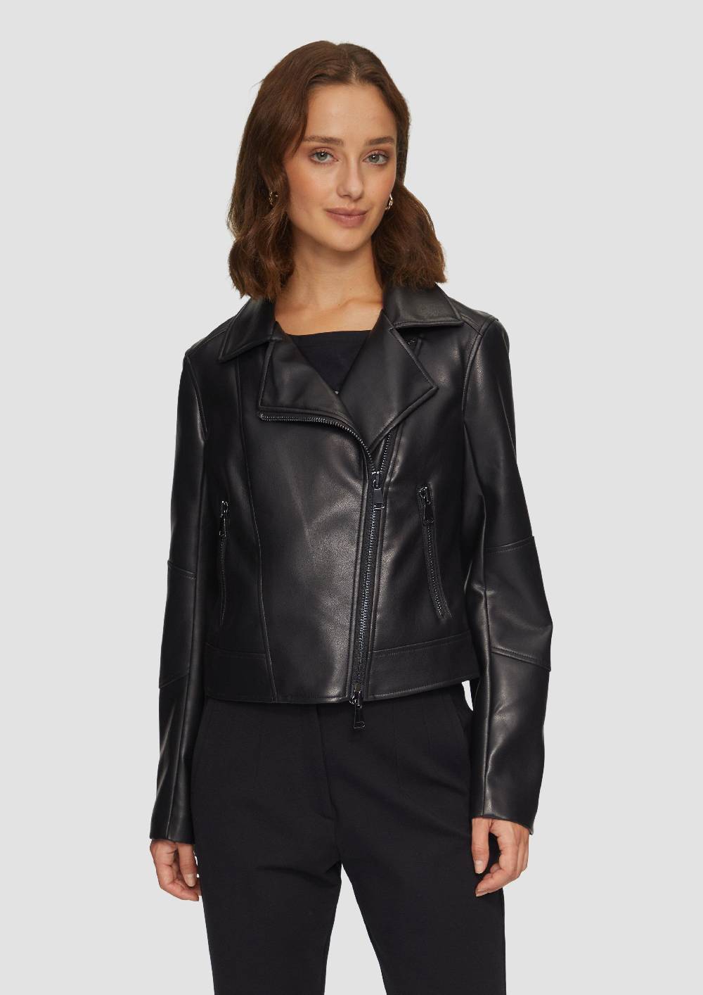 S.Oliver Schmal Geschnittene Kunstleder-Jacke Mit Reverskragen