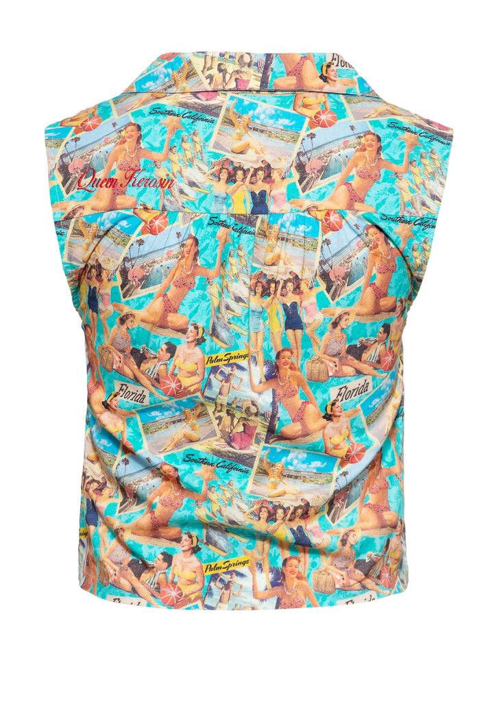 Queen Kerosin Ärmellose Bluse Zum Binden «50's Vacation»