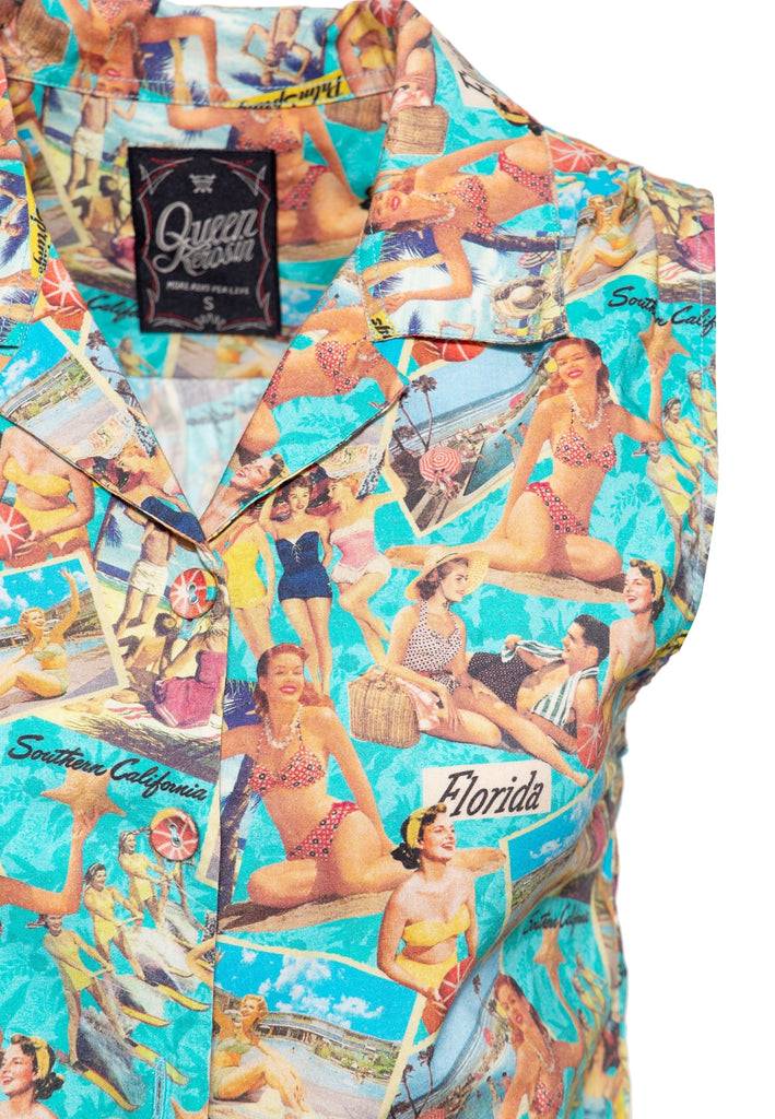 Queen Kerosin Ärmellose Bluse Zum Binden «50's Vacation»