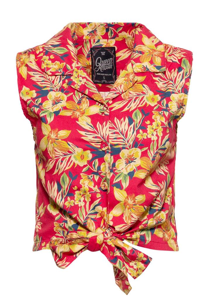 Queen Kerosin Ärmellose Bluse Zum Binden «Hawaii Red»