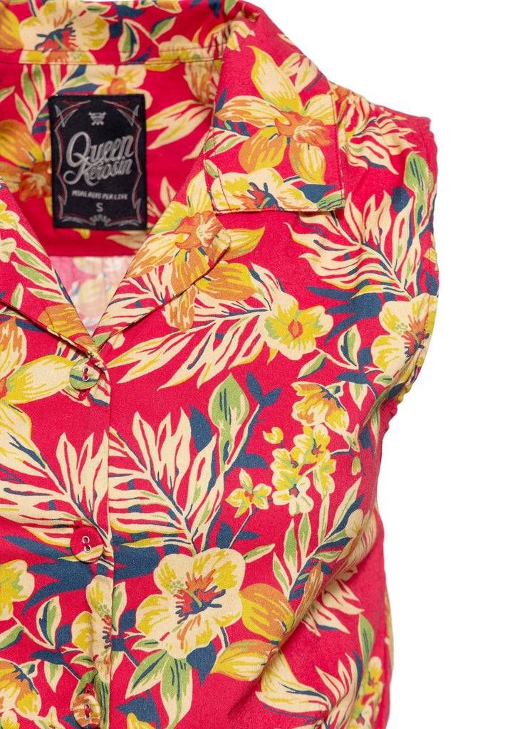 Queen Kerosin Ärmellose Bluse Zum Binden «Hawaii Red»