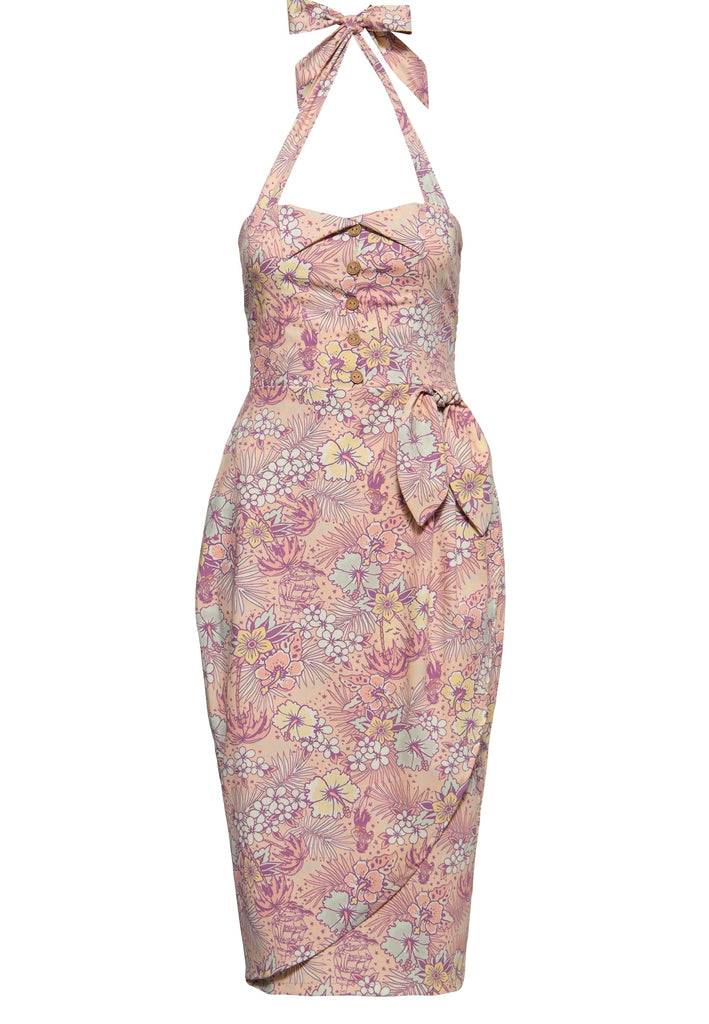 Queen Kerosin Bleistiftkleid in Wickel-Optik und mit tropischem All-Over-Muster