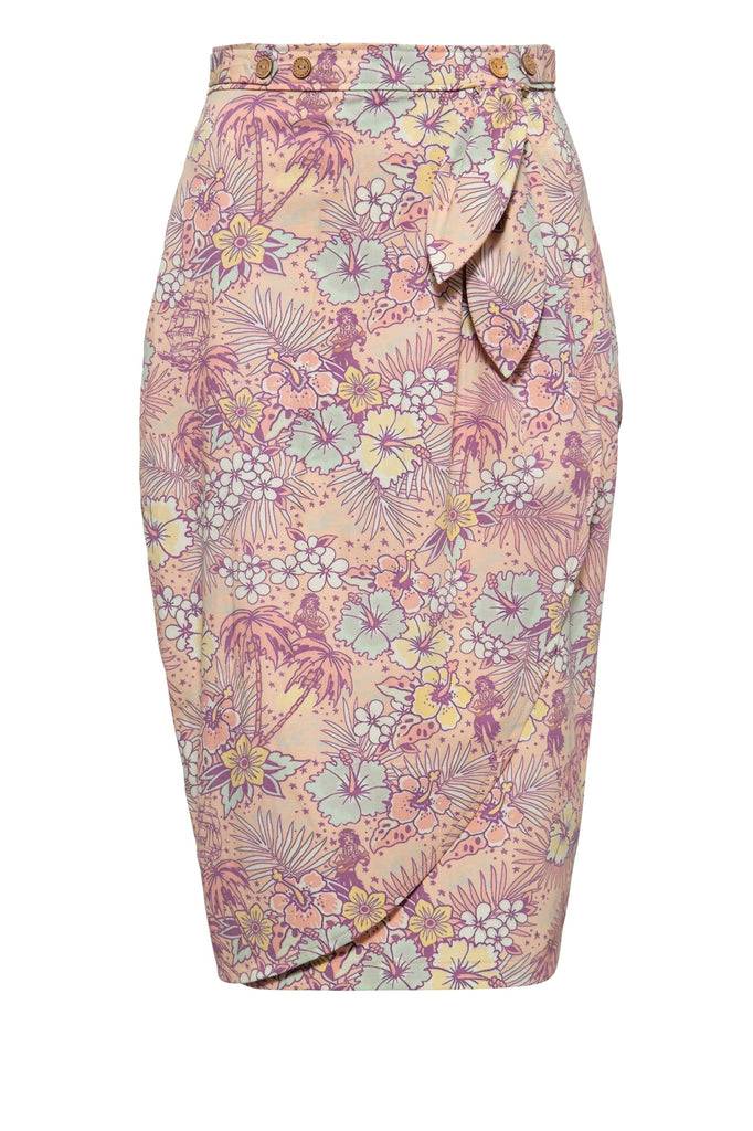 Queen Kerosin Bleistiftrock mit hawaiianischem All-Over-Muster und Wickeloptik