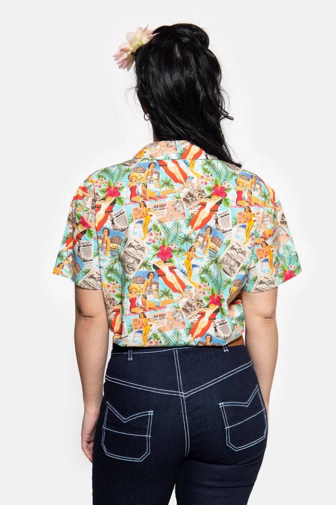 Queen Kerosin Cropped Oversize Bluse Mit Allover-Print Im 50s Style