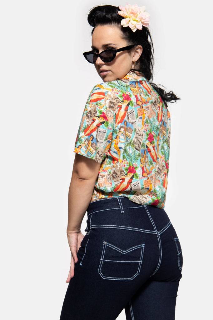 Queen Kerosin Cropped Oversize Bluse Mit Allover-Print Im 50s Style