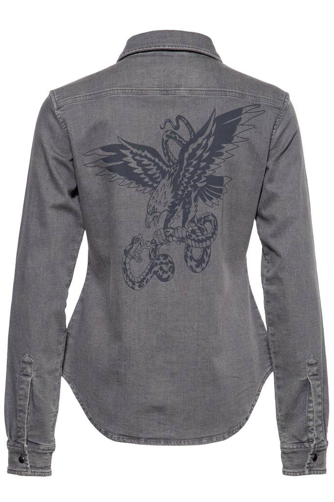 Queen Kerosin Denim-Bluse Mit Legerem Waschungseffekt Und Backprint