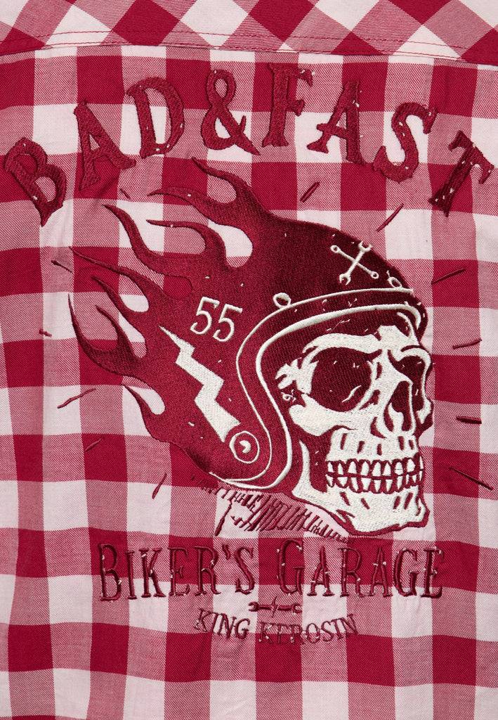 Queen Kerosin Kurzarm-Hemd Mit Vichykaro Und Hochwertiger Stickerei Im Rücken «Bad & Fast»