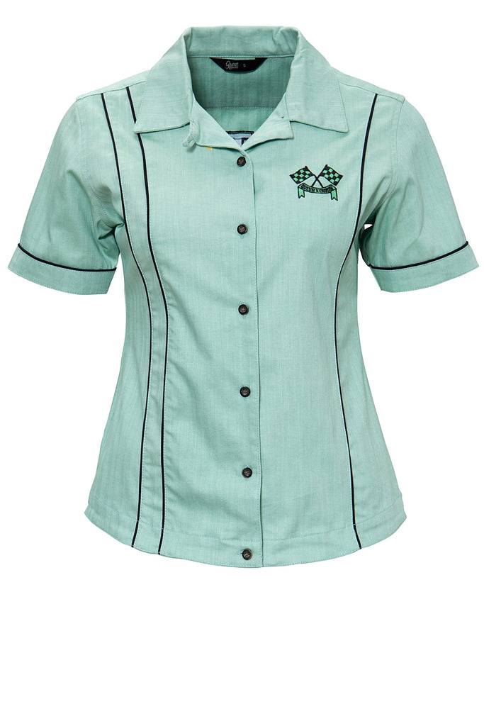 Queen Kerosin Kurzarm Reverskragen Bluse im Racing Design «Motor Queen»