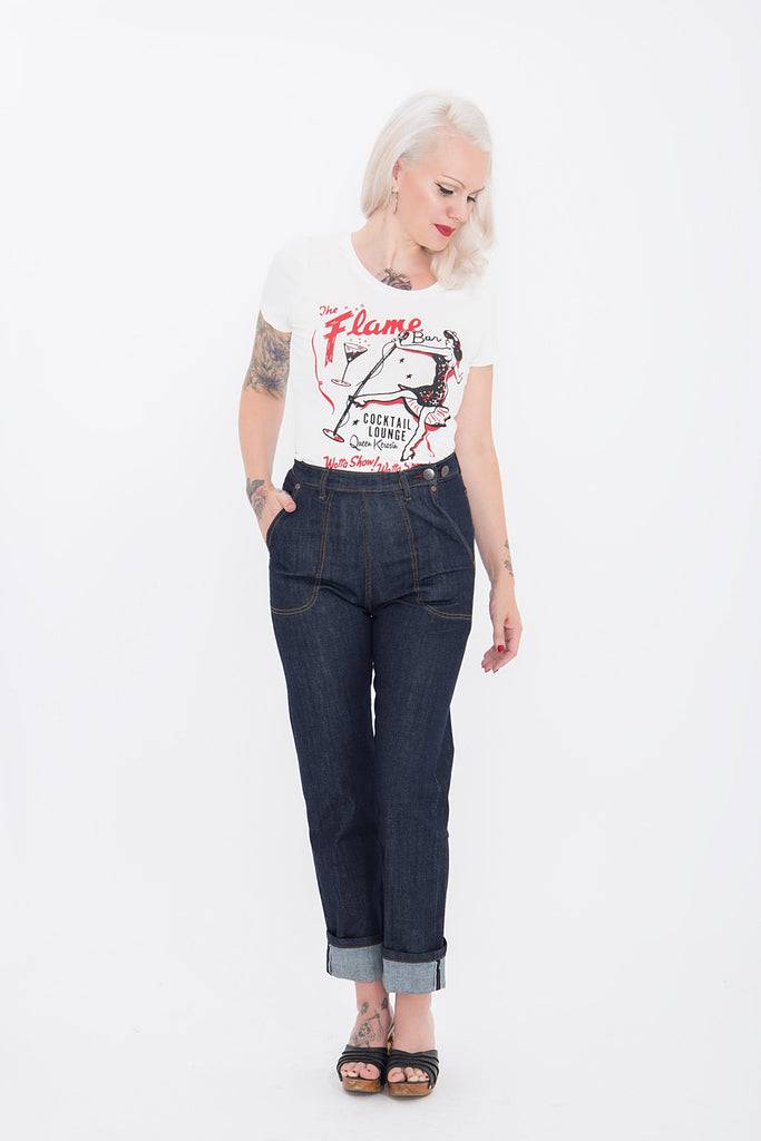 Queen Kerosin Kurzarm Shirt Mit Coolem Retro-Print «Flame Bar»