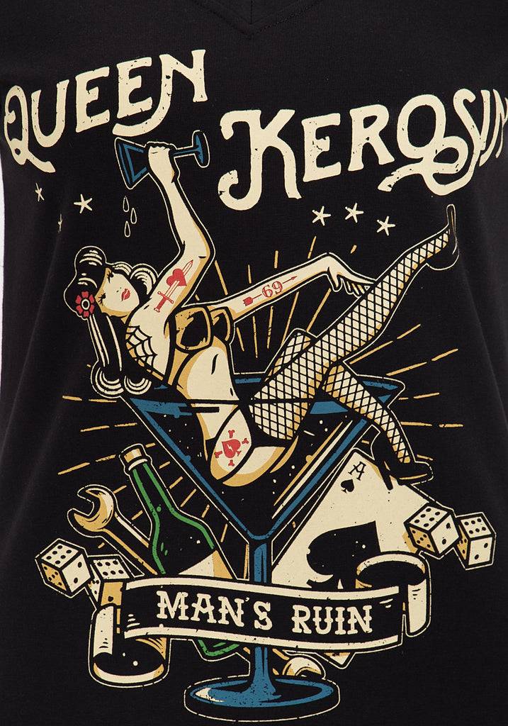 Queen Kerosin Kurzarm Shirt Mit Mehrfarbigem Retro-Print Und Logo-Patch «Mans Ruin»