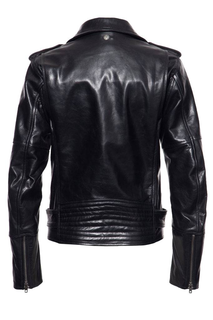 Queen Kerosin Lederjacke Mit Bikerkragen Und Gürtel Am Saum