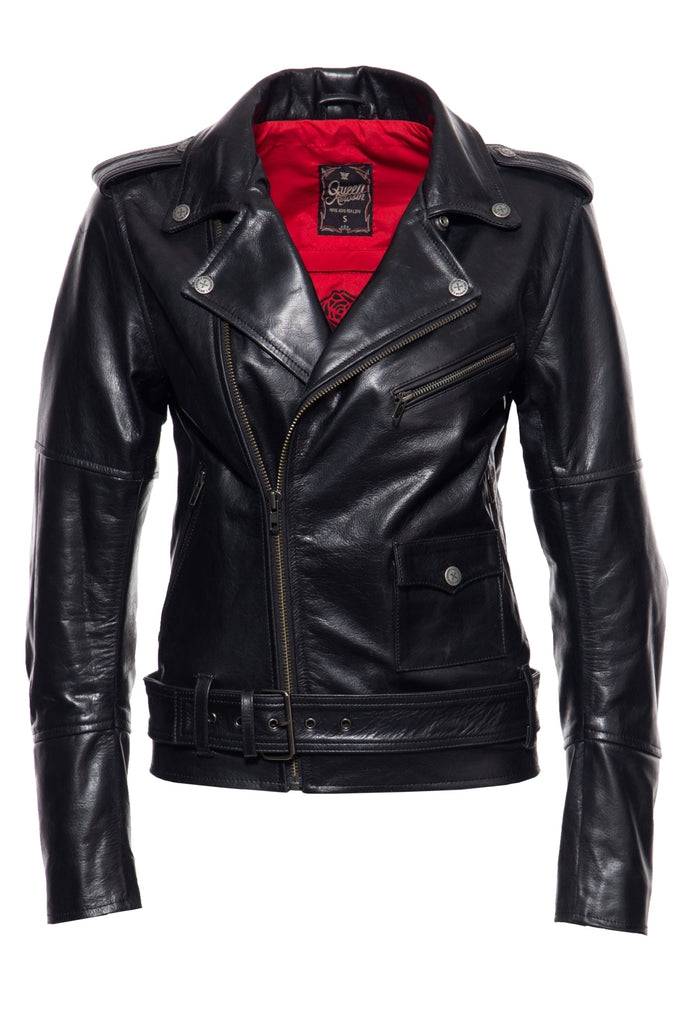 Queen Kerosin Lederjacke mit Bikerkragen und Gürtel am Saum