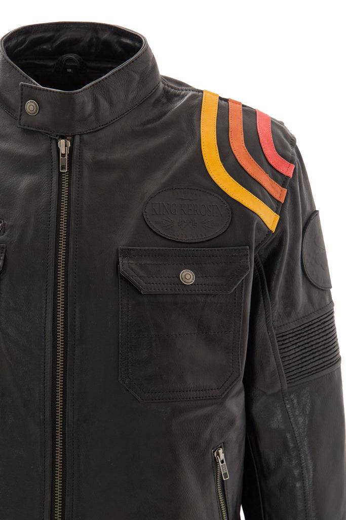 Queen Kerosin Lederjacke Print Und Racer-Streifen «Cafe Racer»