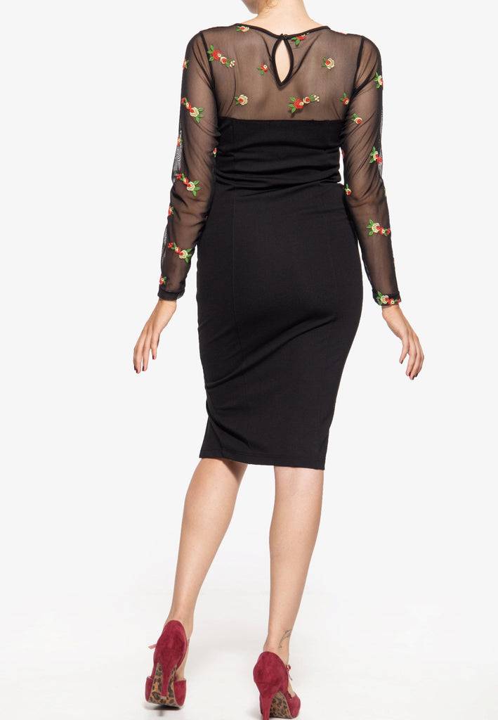 Queen Kerosin Mesh Bleistiftkleid Mit Rosen-Stickerei