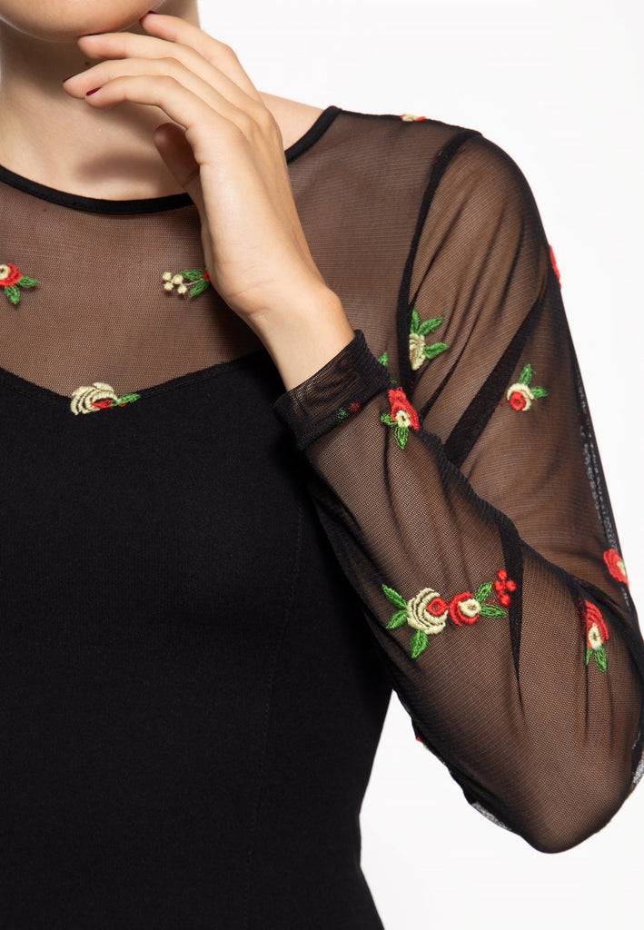 Queen Kerosin Mesh Bleistiftkleid Mit Rosen-Stickerei