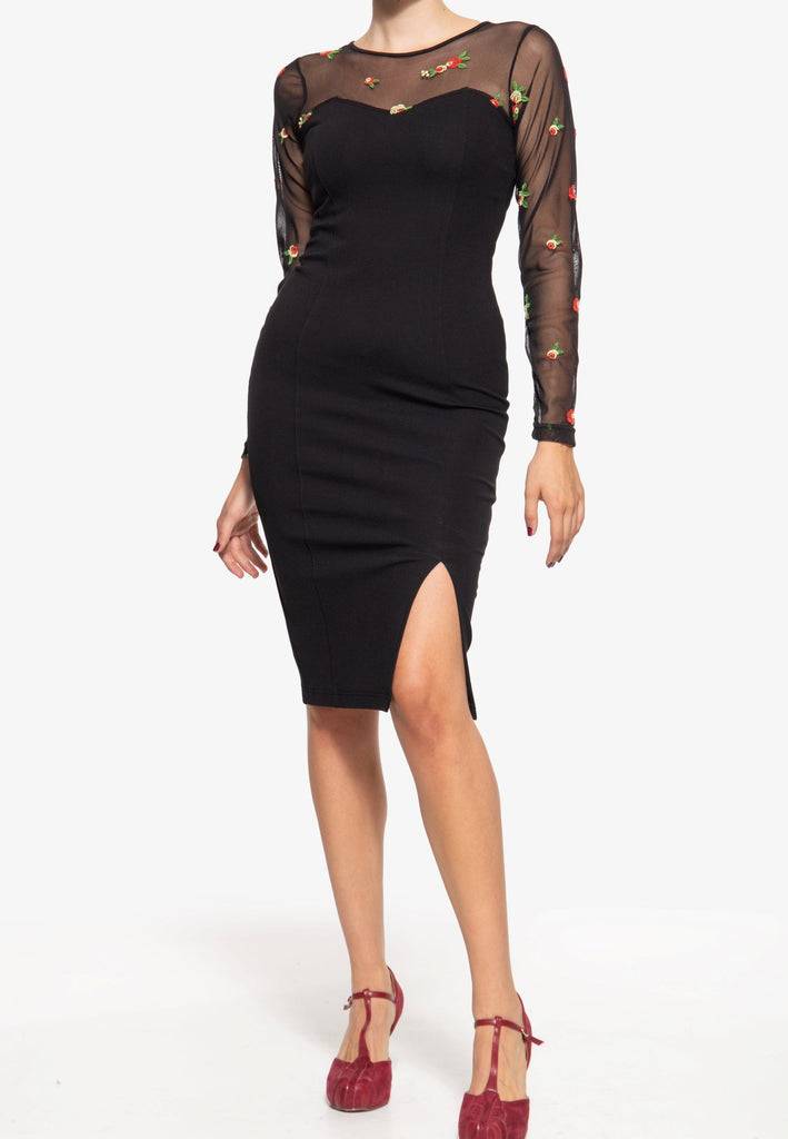 Queen Kerosin Mesh Bleistiftkleid mit Rosen-Stickerei