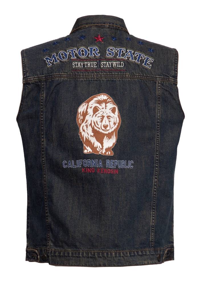 Queen Kerosin Denim Weste Stickerei «Motor State»