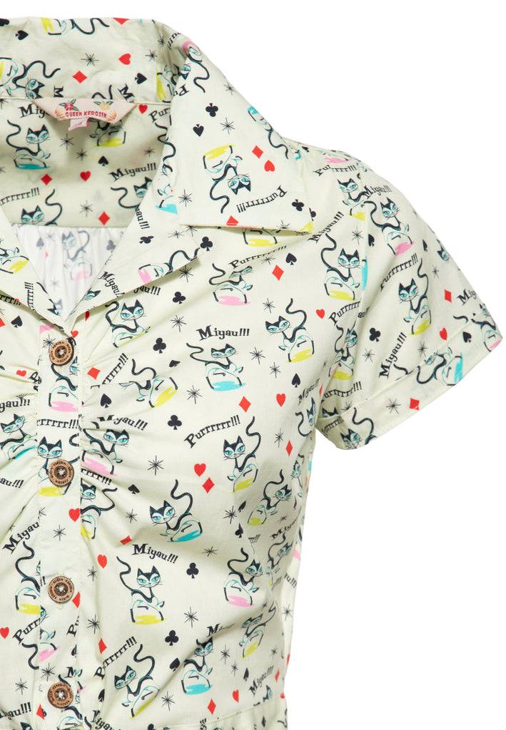 Queen Kerosin Hawaiibluse «Retro Cats»