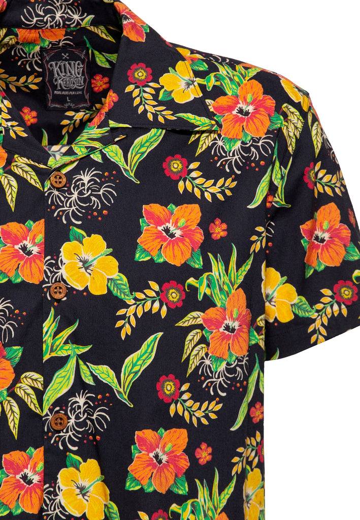 Queen Kerosin Hawaiihemd «Hibiscus Black»