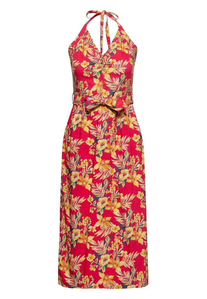 Queen Kerosin Neckholder Pencil Kleid «Hawaii Red»