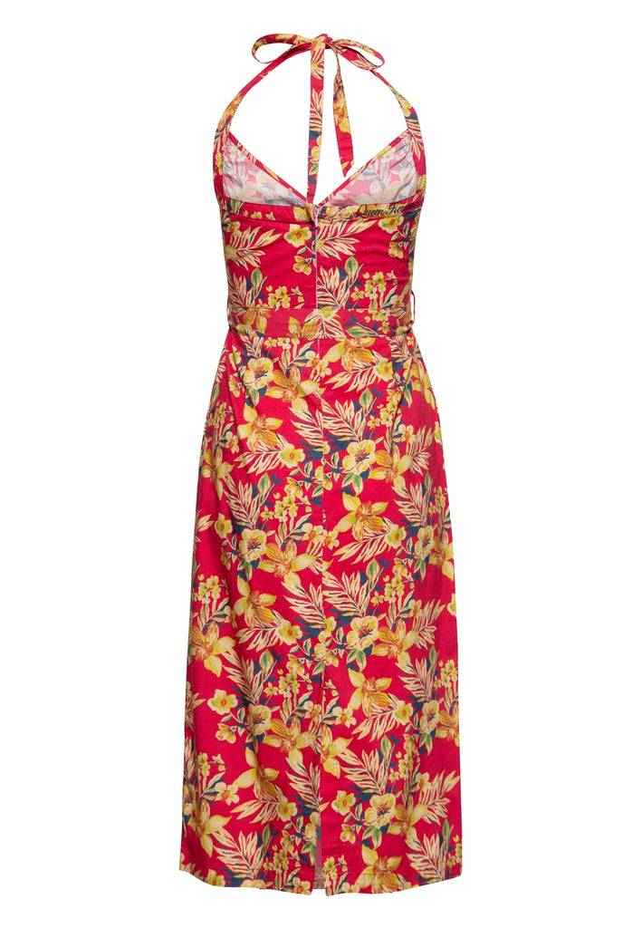 Queen Kerosin Neckholder Pencil Kleid «Hawaii Red»