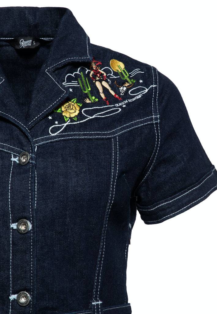 Queen Kerosin Swing Jeanskleid Mit Stickereien