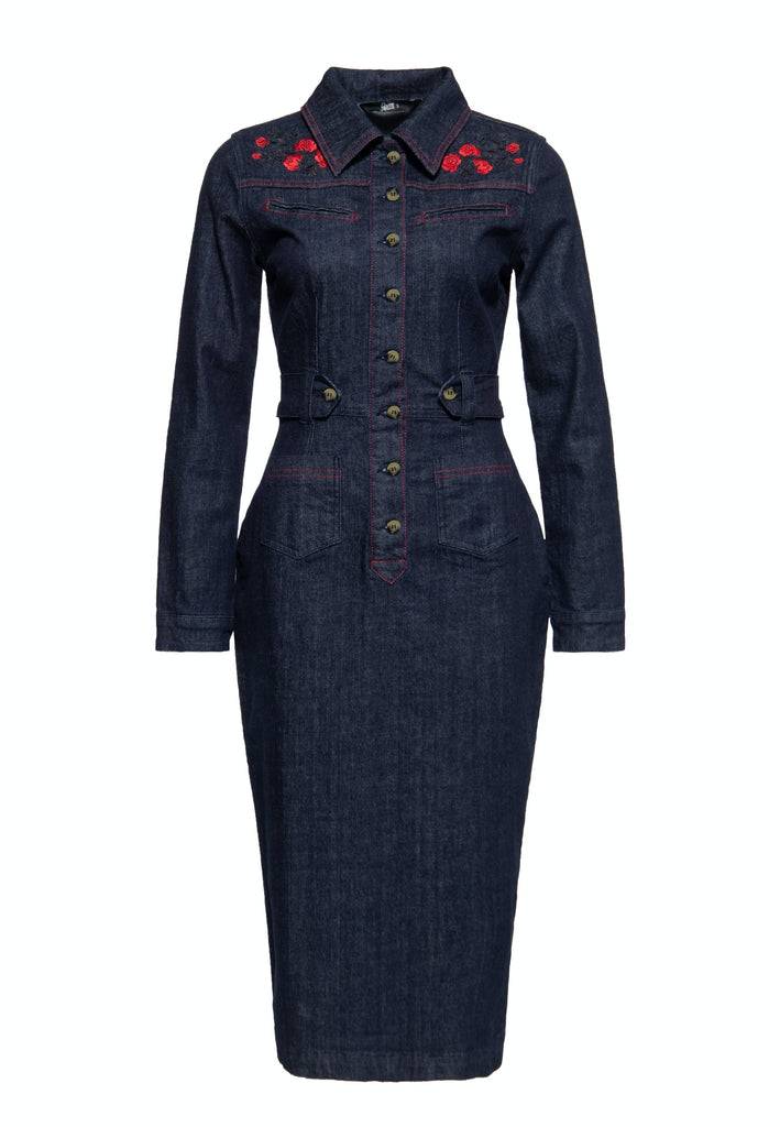 Queen Kerosin Western Pencil Kleid «Roses»