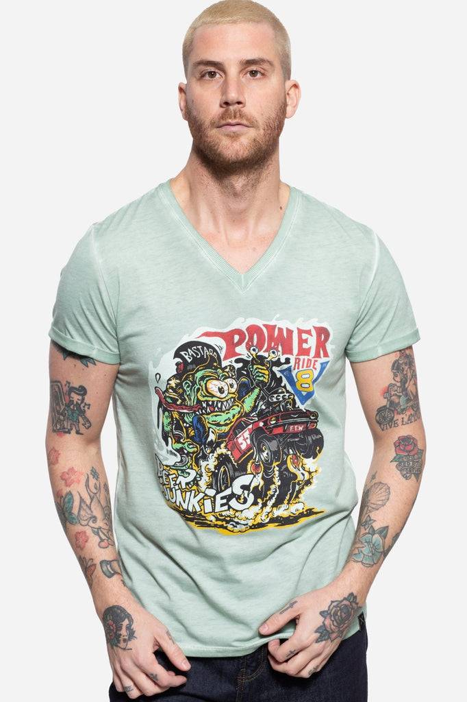 Queen Kerosin Roll-Up T-Shirt Oil Wash Mit Monster-Print Und V-Ausschnitt «V8 Monster»