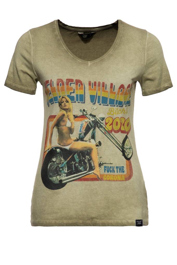 Queen Kerosin Slim Fit T-Shirt mit Retro-Print und Oilwash-Effekt «Velden Village 2020»