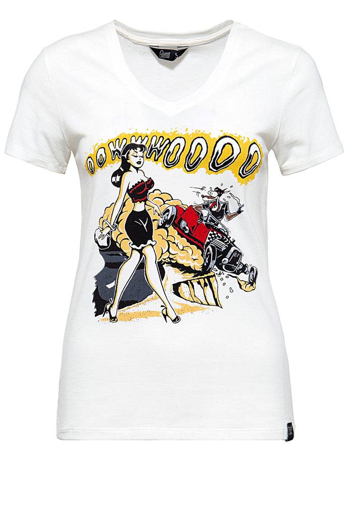 Queen Kerosin T-Shirt mit Frontprint und V-Ausschnitt «Oowwwoooo»