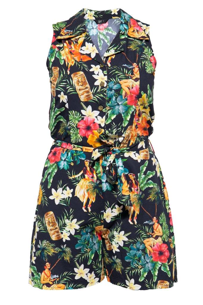 Queen Kerosin Vintage Jumpsuit mit tropischem All-Over-Muster