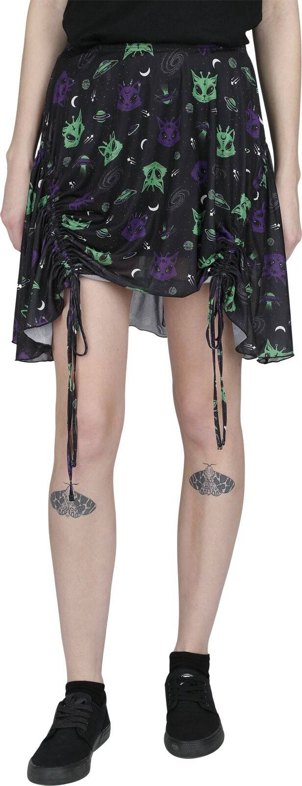 EMP "Alien Space Cat Mesh Mini Skirt" Kurzer Rock Schwarz Von Banned Alternative