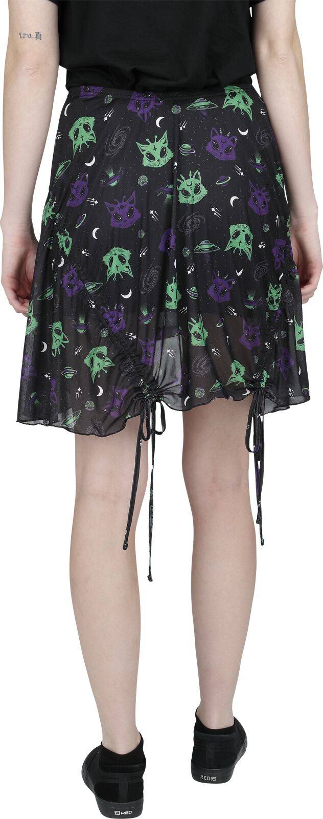 EMP "Alien Space Cat Mesh Mini Skirt" Kurzer Rock Schwarz Von Banned Alternative