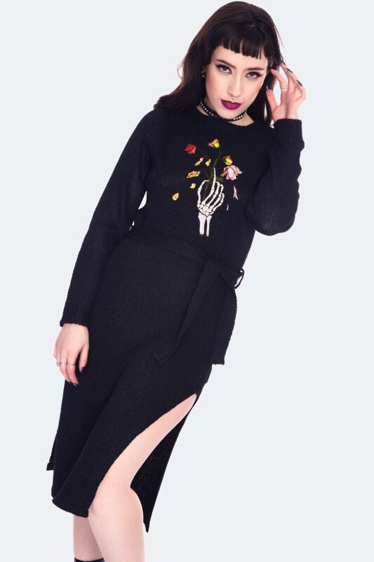EMP "Dead Flowers Embroidered Knitted Midi Dress" Mittellanges Kleid Schwarz Von Jawbreaker