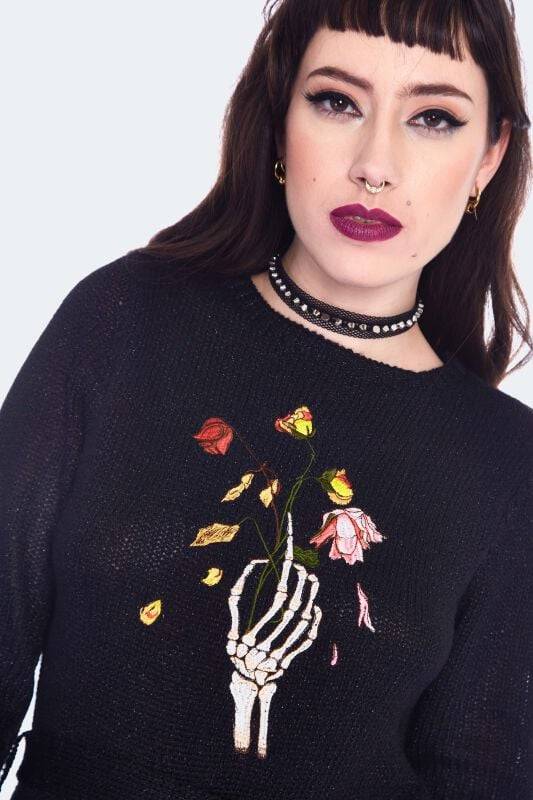 EMP "Dead Flowers Embroidered Knitted Midi Dress" Mittellanges Kleid Schwarz Von Jawbreaker