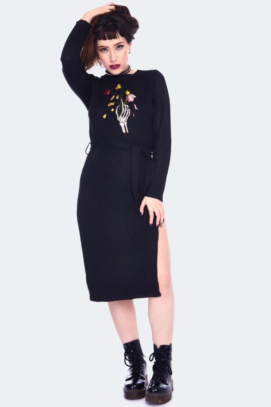EMP "Dead Flowers Embroidered Knitted Midi Dress" Mittellanges Kleid schwarz von Jawbreaker