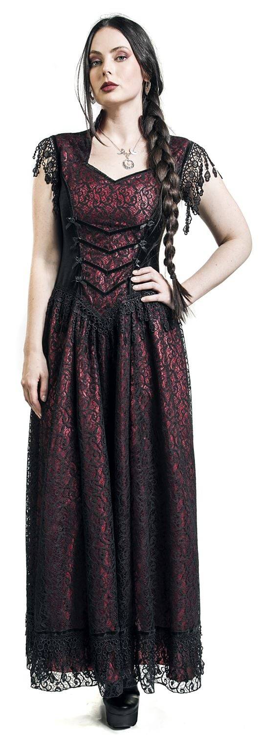 EMP "Gothic Dress" Langes Kleid Schwarz/rot Von Sinister Gothic